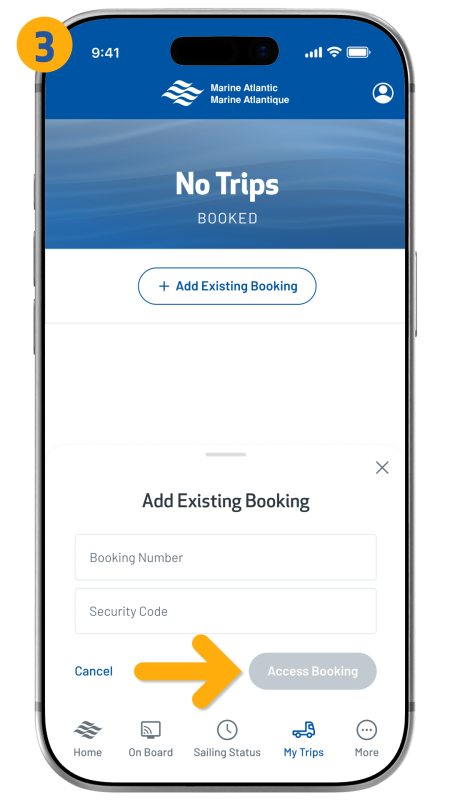 arrow pointing to access booking button in bottom right