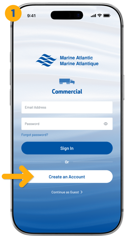 arrow pointing to create an account button