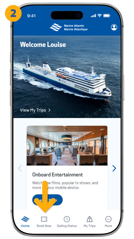arrow pointing to book now on bottom left